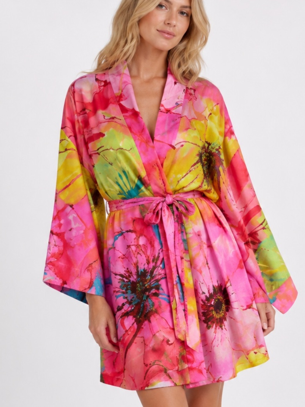 Natori Women's Pink Multi Floral Print Tie Waist Kimono Robe Medium 8390